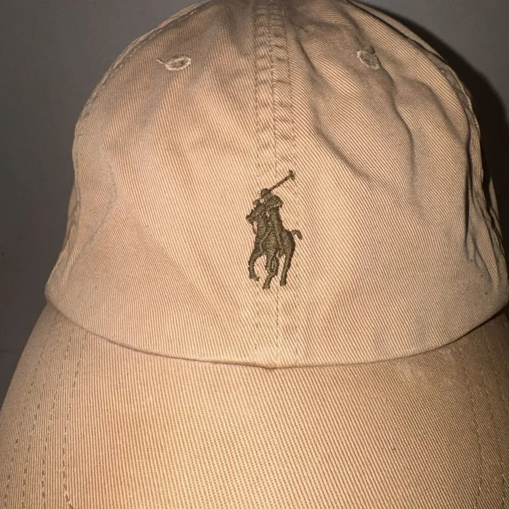Polo Ralph Lauren Khaki Leather Strap Dad Hat Pony Logo Baseball Cap OSFA